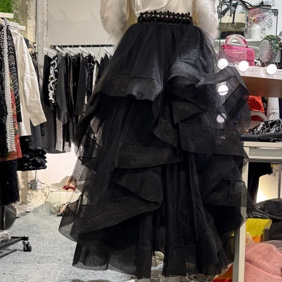 Elegant Black Layered Gown with White Blouse